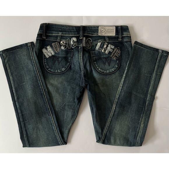 Tough Jeansmith USA Glamour Jeans Music Is Life Pearls Embroidered Low Rise - Picture 4 of 11